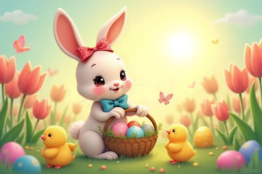 A playful bunny holds a basket filled with colorful eggs while fluffy chicks explore the vibrant flower-filled landscape under a warm sun. Generative AI.