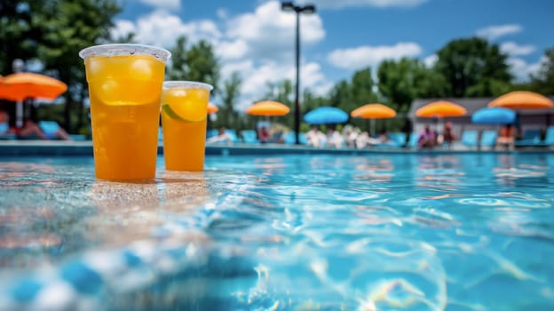 Two colorful drinks rest on the edge of a sparkling pool surrounded by bright umbrellas, inviting relaxation on a sunny day - Holidays concept - Generative AI