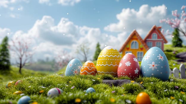 Colorful Easter eggs are nestled in bright green grass, with a quaint cottage in the background. Blossoming trees and fluffy clouds add to the cheerful spring atmosphere - Generative AI
