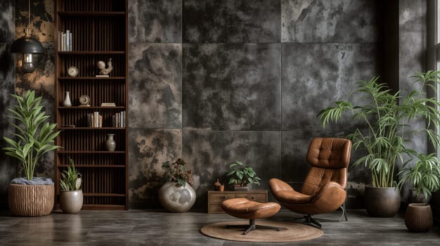 A contemporary living area features a brown leather chair, a wooden bookshelf, and various indoor plants, creating a serene atmosphere - Generative AI