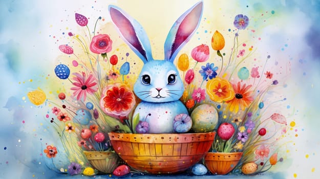 Painting of a blue bunny with big ears sitting in a basket filled with colorful flowers and decorated Easter eggs during a bright spring day - Generative AI