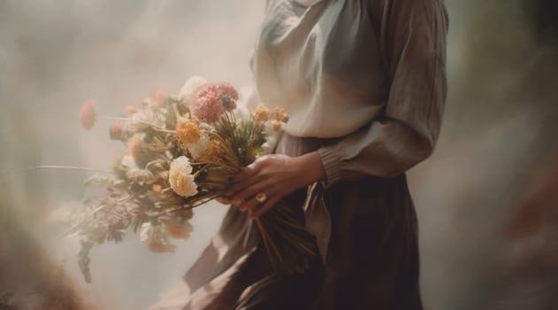 Blurred romantic image of a woman in a light dress with a bouquet of beautiful flowers in her hands in a spring garden. High quality photo