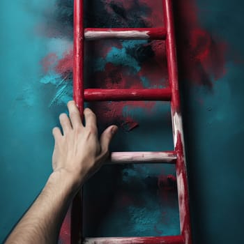 The red staircase leads up. A man rises to his goal. High quality photo