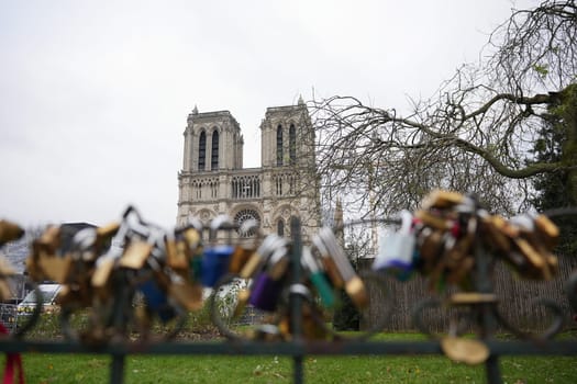 A picturesque view of Notre Dame Cathedral in Paris, framed by a foreground of love locks attached to a fence, under an overcast sky.