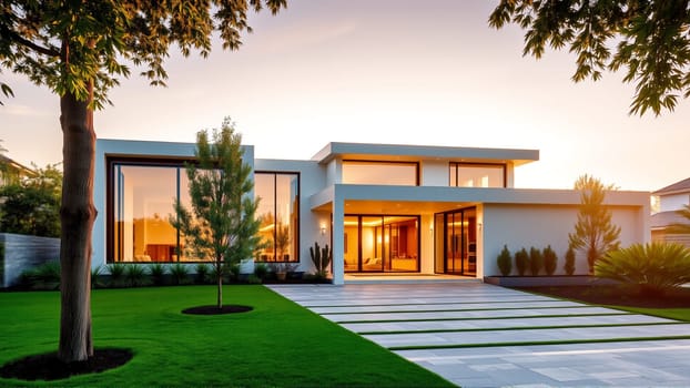 The modern individual residential house is surrounded by a well-groomed beautiful lawn. High quality photo