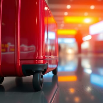 Red suitcase in the airport building. High quality photo