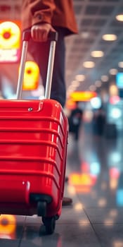 Red suitcase in the airport building. High quality photo