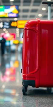 Red suitcase in the airport building. High quality photo