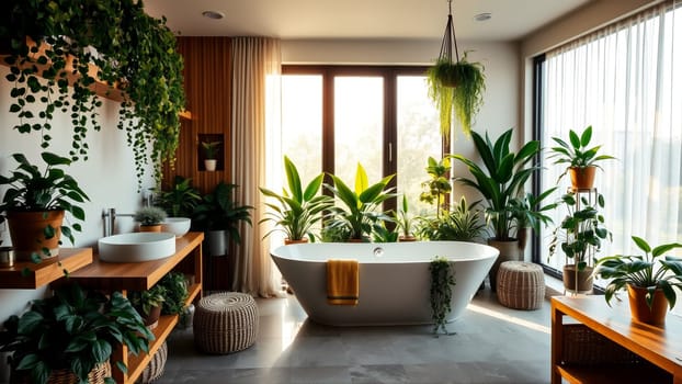 Lots of homemade potted flowers with bathroom. High quality photo
