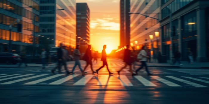 A lot of people walk along the pedestrian crossing during rush hour. High quality photo