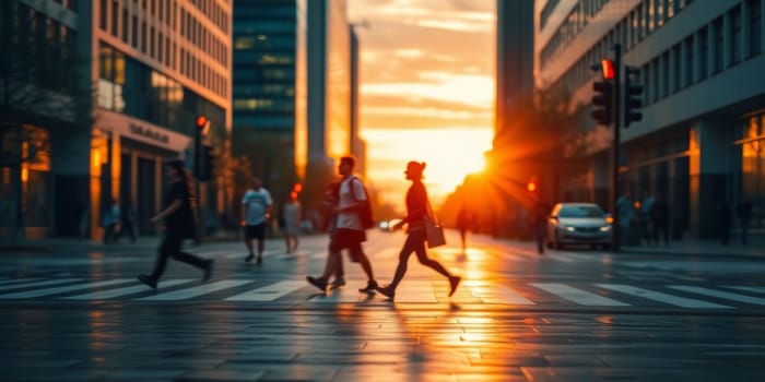 A lot of people walk along the pedestrian crossing during rush hour. High quality photo