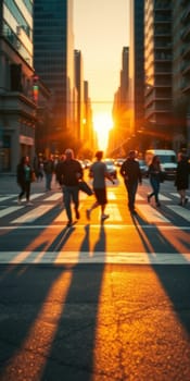 A lot of people walk along the pedestrian crossing during rush hour. High quality photo
