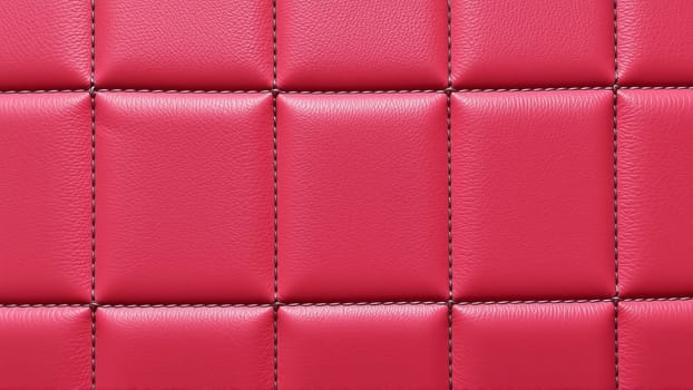 The surface texture of artificial leather in red, stitched in the form of rhombuses, squares, rectangles. Quilted eco-leather. High quality photo