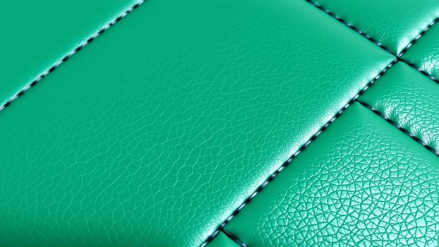 Green artificial leather surface texture, stitched in the form of rhombuses, squares, rectangles. Quilted eco-leather. High quality photo