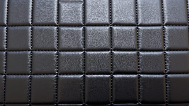 The surface texture of artificial leather in black, stitched in the form of diamonds, squares, rectangles. Quilted eco-leather. High-quality photo