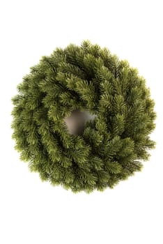 Christmas wreath made of artificial spruce branches for home decoration, on a white background