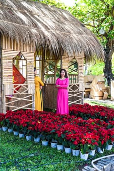 Nha Trang, Vietnam - 13 January 2023: two vietnamese women meeting guests in decoration with flowers for Tet Lunar New Year