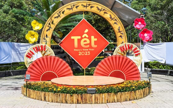 Nha Trang, Vietnam - 13 January 2023: decoration and flowers for Tet Lunar New Year