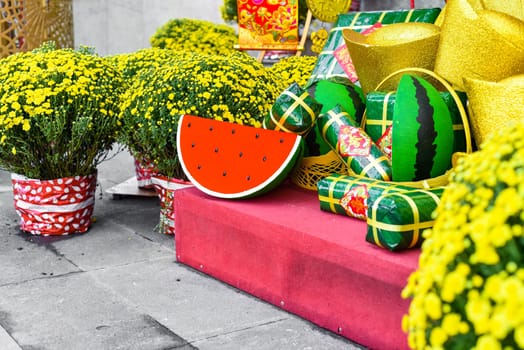 Nha Trang, Vietnam - 13 January 2023 decoration and chrysanthemums flowers as symbol of wealth for Tet Lunar New Year