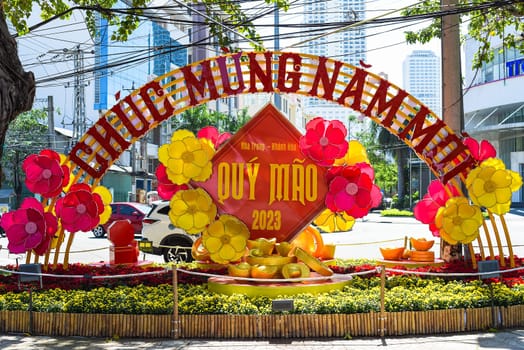 Nha Trang, Vietnam - 13 January 2023: decoration and flowers for Tet Lunar New Year