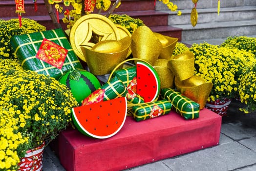 Nha Trang, Vietnam - 13 January 2023 decoration and chrysanthemums flowers as symbol of wealth for Tet Lunar New Year