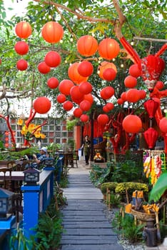 Nha Trang, Vietnam - 13 January 2023: Many red lanterns hanging in Vietnam for Tet Lunar New Year