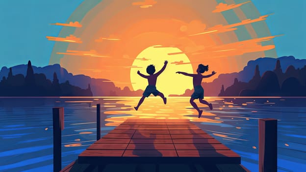 Children jump from the bridge into the pond in the light of the setting sun. High quality photo