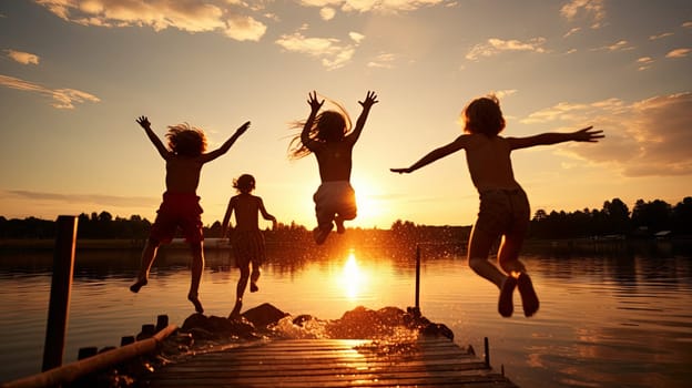 Children jump from the bridge into the pond in the light of the setting sun. High quality photo