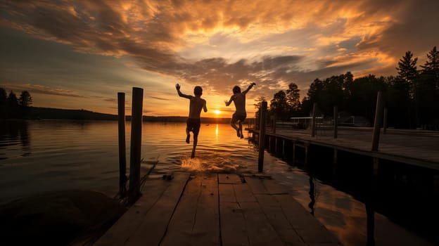 Children jump from the bridge into the pond in the light of the setting sun. High quality photo