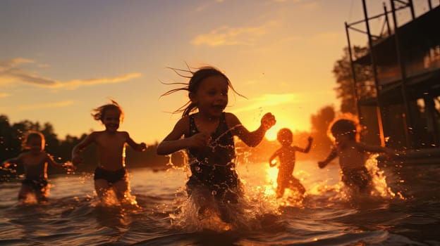 Kids play, splash, run on the water, along the seashore in the setting light of the sun. High quality photo