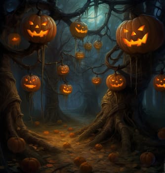 Halloween night. Creepy pumpkins hang from trees in a dark forest. High quality photo