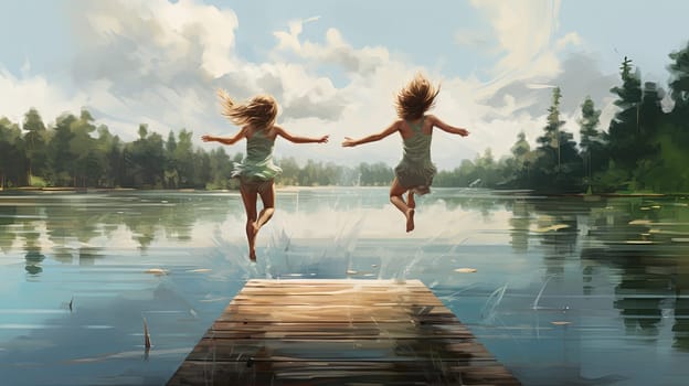 Children jump from the bridge into the pond in the light of the setting sun. High quality photo