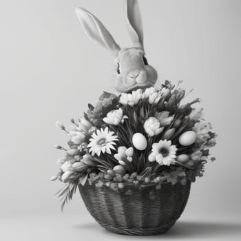 Monochrome Image of Cute Rabbit Sitting in Basket of Spring Flowers. High quality photo