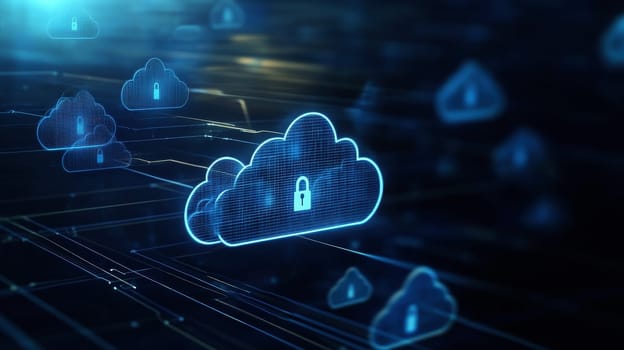 Cloud computing security. Cloud with padlock icon on dark background. Concept of data protection, cybersecurity, network security, and cloud storage..