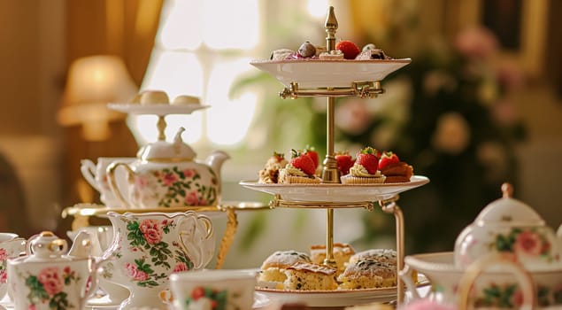Elegant table setting for tea party with cakes and cupcakes in English manor. Selective focus. Vintage style