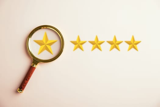Customer utilizing magnifier glass focuses on five stars icon for rating service. Satisfaction evaluation survey and review. Excellent rating. User contributes feedback for good business network score