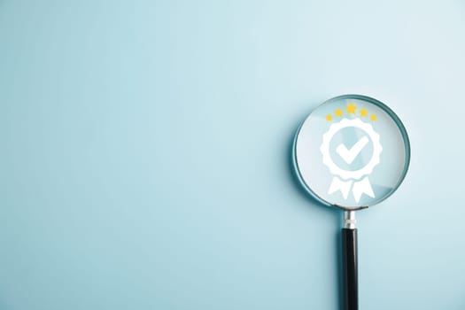 Magnifying glass reveals an aligned icon, symbolizing quality assurance certificate. Emphasizing the importance of certification and ISO quality concept for confidence in good service.