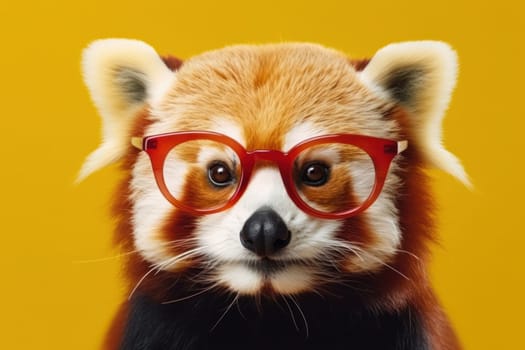Curious red panda in cool shades climbing an arboreal tree. Endangered due to habitat loss, a key species for conservation in China. AI Generative.