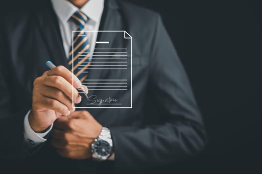 Businessman's hand uses a stylus pen to sign electronic documents online. Highlights the online signing process, digital document management, and the paperless concept. Agreement is established.