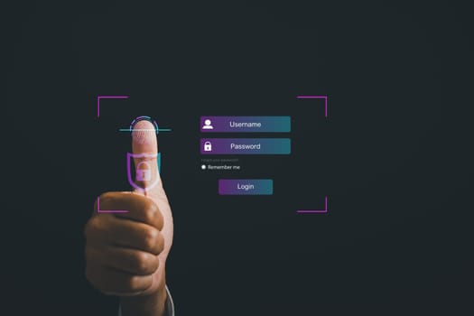 Thumbs up with virtual fingerprint to scan biometric identity and access password. Technology security system for global data protection and privacy. Secure your digital presence with ease.
