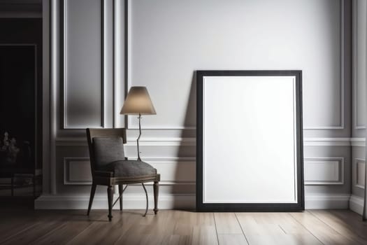 A luxury modern living room with a black empty wall mockup, a white sofa, and a picture frame. Cozy and comfortable ambiance with natural light from the window. Is AI Generative.