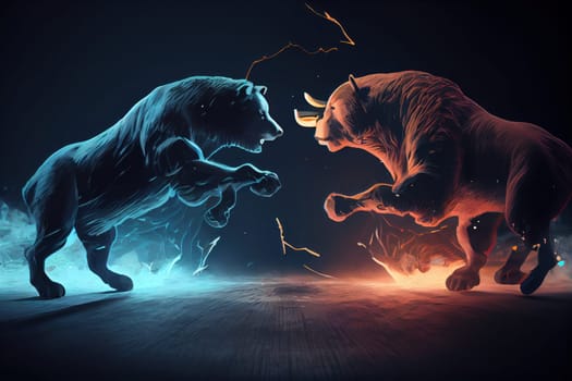 Fierce-looking bull and bear figurines facing off against each other on a desk with stock market charts in the background. AI Generative.