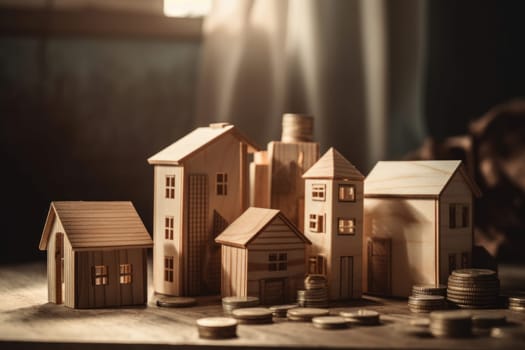 Financial success and planning with a wooden house and coins on a table, representing investment and growth. AI Generative.