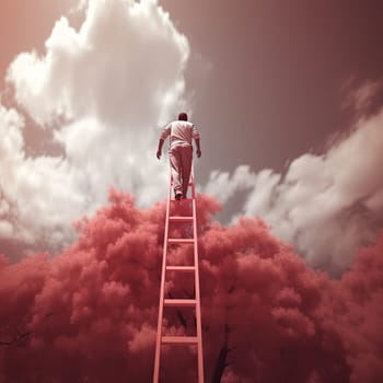 The red staircase leads up. Woman rises to her goal. High quality photo
