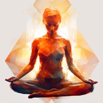 Polygonal image of a woman who meditates, sits in the lotus position. High quality photo