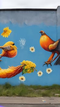 Spring birds nature wall summer art generated ai alt blue orange . High quality photo illustration alternative colour card decor design decorations