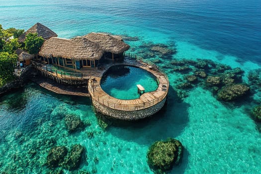 Aerial view of tropical island bungalow with private pool and turquoise lacy water.