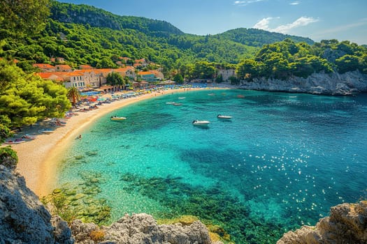 Panoramic aerial view of the beautiful beach, lush tropical forest and emerald sea on a sunny day.