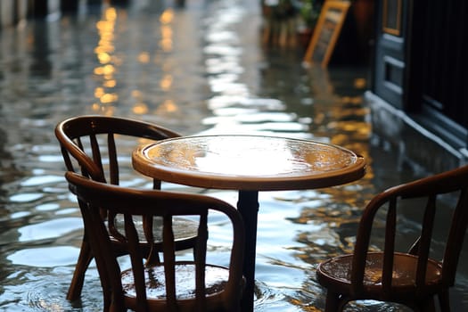 The legs of the table and chairs of the summer cafe in the water.