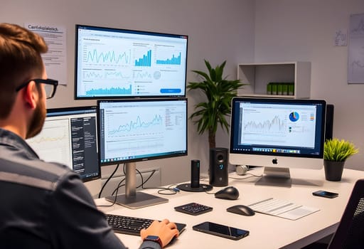 data analyst workstation, man working business finance a space with computers, on-screen graphs and analytical tools generated ai alt monitor modern work place . High quality photo